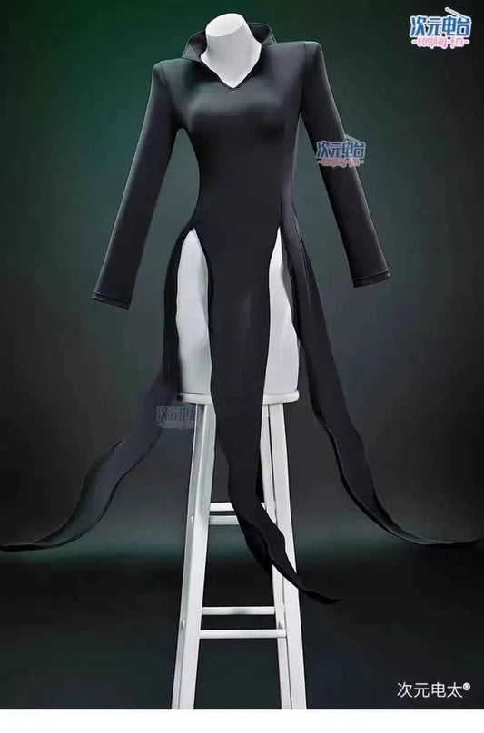 Black Terrible Tornado Tatsumaki anime cosplay dress with high slits on a white mannequin.
