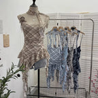 Women's Vintage Tie-dye Printed Mesh Spaghetti Strap Camisole Hot Girl Irregular Ruffled Ribbon Sleeveless Top Partyclub 1185