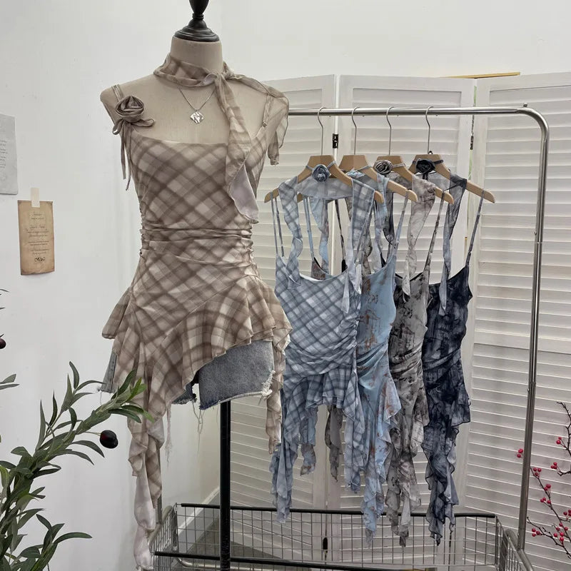 Women's Vintage Tie-dye Printed Mesh Spaghetti Strap Camisole Hot Girl Irregular Ruffled Ribbon Sleeveless Top Partyclub 1185
