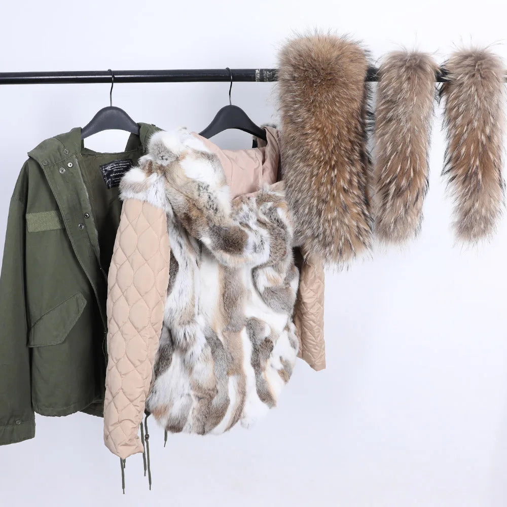 Maomaokong Winter Women Parka Cotton Jacket Real Fur Coat Natural Fox Fur Hooded Rabbit Fur Liner Thick Warm Outerwear Female