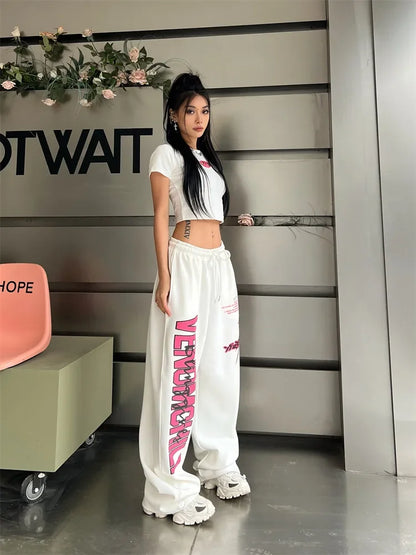 Korean Y2K Streetwear White Jogging Sweatpants Women Harajuku Sports Pants Oversized Hip Hop Letter Wide Leg Trousers - SS69