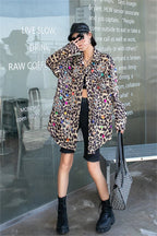 Harajuku Vintage Pearl Beaded Diamonds Leopard Print Women Thin Shirt Jacket Loose Casual Lapel Long Sleeve Female Jacket Coat SS69