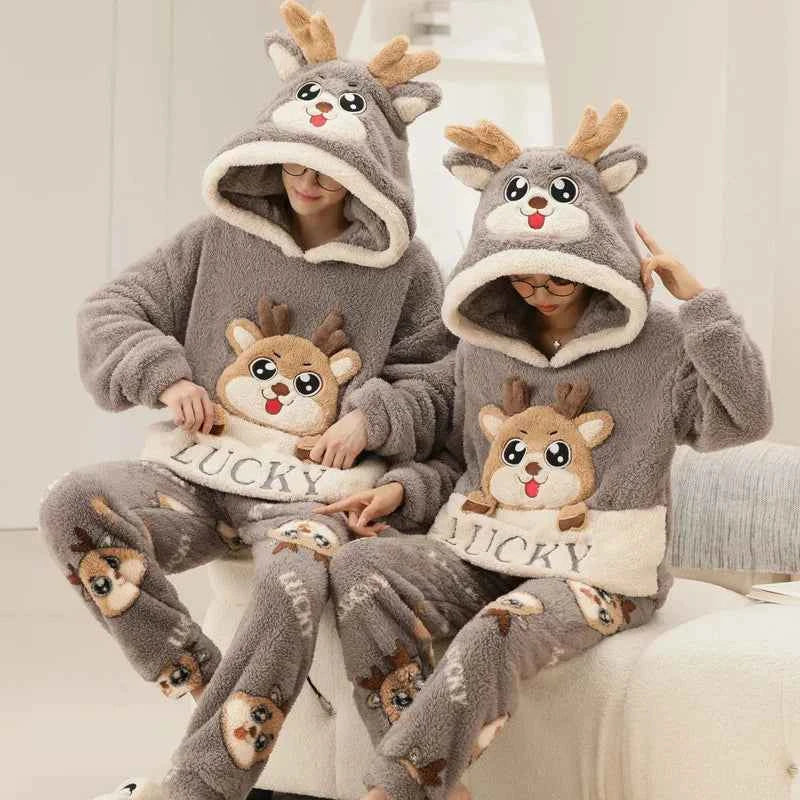 Adult Winter Thicken Sleepwear Pajamas Set Women Coral Fleece Pyjama Cartoon Deer Panda Hooded Homewear Loungewear Pijamas Suit