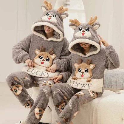 Adult Winter Thicken Sleepwear Pajamas Set Women Coral Fleece Pyjama Cartoon Deer Panda Hooded Homewear Loungewear Pijamas Suit