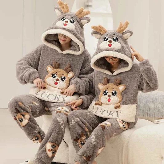 Adult Winter Thicken Sleepwear Pajamas Set Women Coral Fleece Pyjama Cartoon Deer Panda Hooded Homewear Loungewear Pijamas Suit