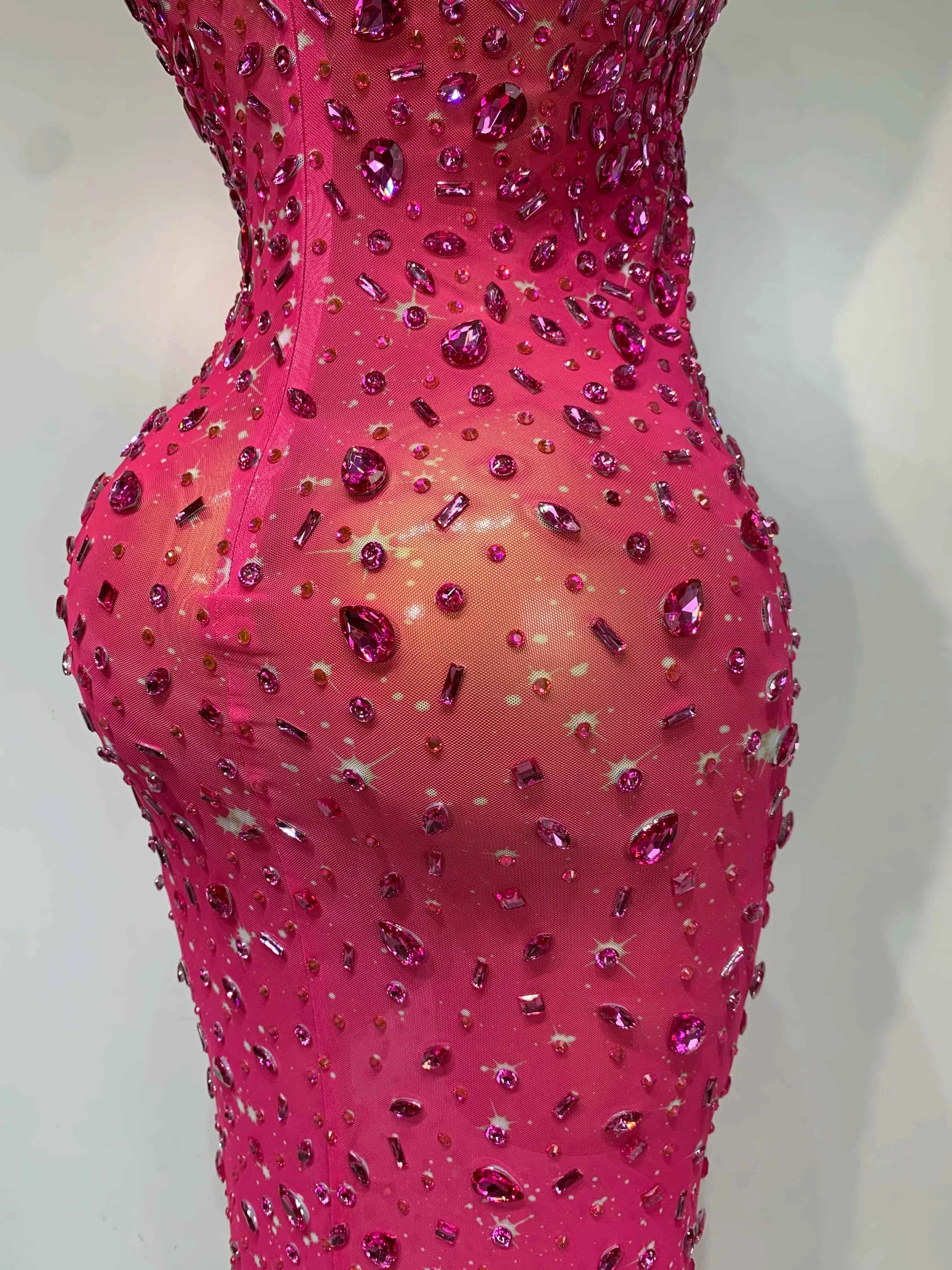 Luxury Rhinestones Sexy Mesh See Through Bodycon Dress Women Birthday Evening Cocktail party Gown Red Carpet Club Stage Outfit