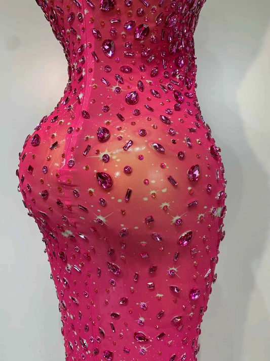 Luxury Rhinestones Sexy Mesh See Through Bodycon Dress Women Birthday Evening Cocktail party Gown Red Carpet Club Stage Outfit