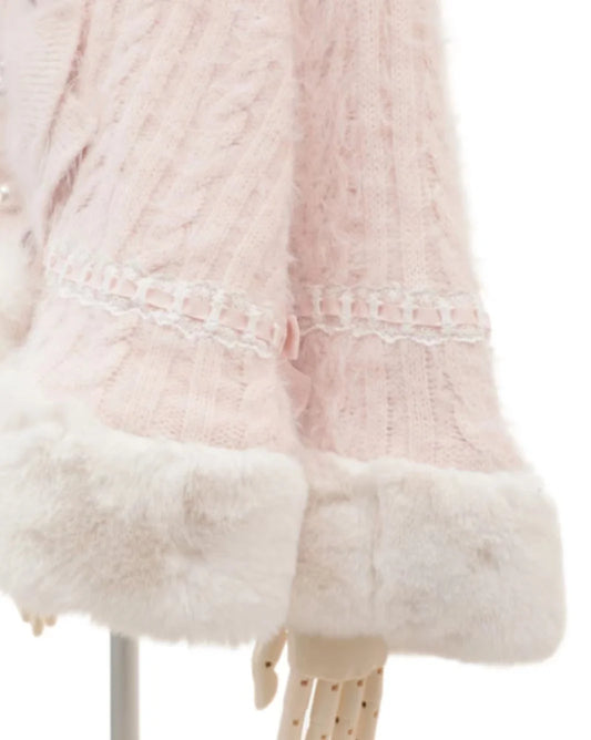 Godivana Lolita Style Faux Rabbit Fur Cape Coat with Bow & Rhinestones - White