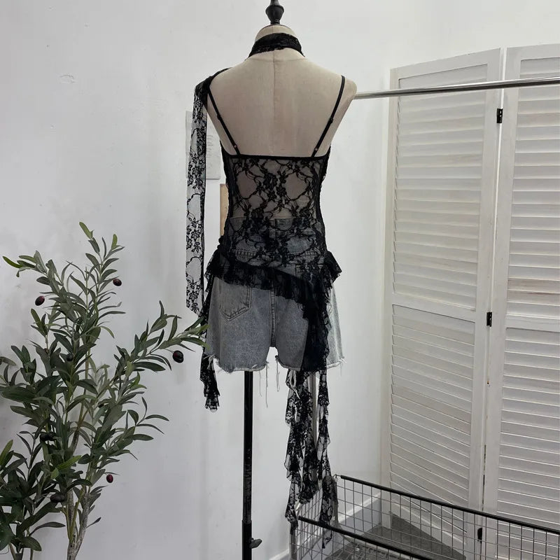Women's Vintage Tie-dye Printed Mesh Spaghetti Strap Camisole Hot Girl Irregular Ruffled Ribbon Sleeveless Top Partyclub 1185