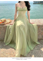 Summer Retro Purple Sexy Sleeveless Backless Ruffles Pleated Slip Dress French Women Green Elegant Party Evening Long Dress Chic