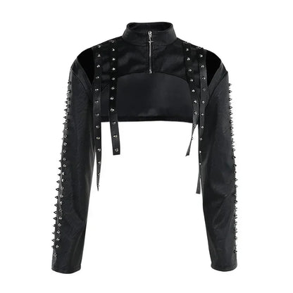 Punk Faux Leather Cropped Jacket Women Spring 2024 Streetwear Sexy Slim Fit Rivet PU Blouse Top