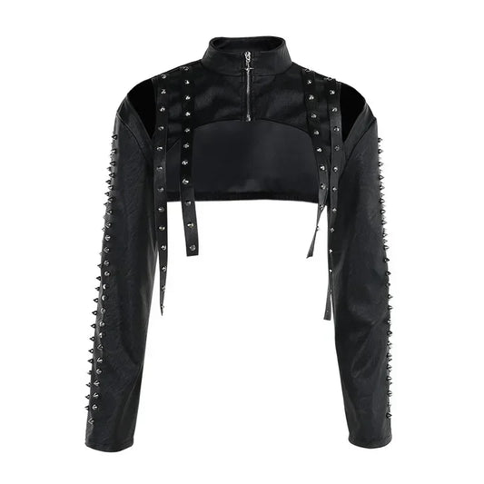 Punk Faux Leather Cropped Jacket Women Spring 2024 Streetwear Sexy Slim Fit Rivet PU Blouse Top