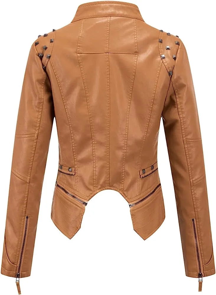 2025 Spring PU Leather Jacket with Rivet Detail