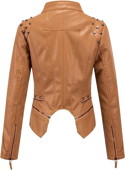 2025 Spring New Style Suit Collar Rivet Waist Short Washed Pu Leather Jacket