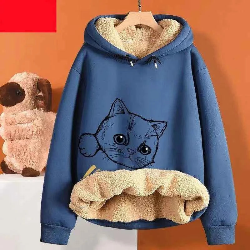 Inner Lining Composite Lamb Fleece Sweatshirt Thick Winter Loose Keep Warm Hoodie Peeking Cartoon Cat Women's Oversized Pullover