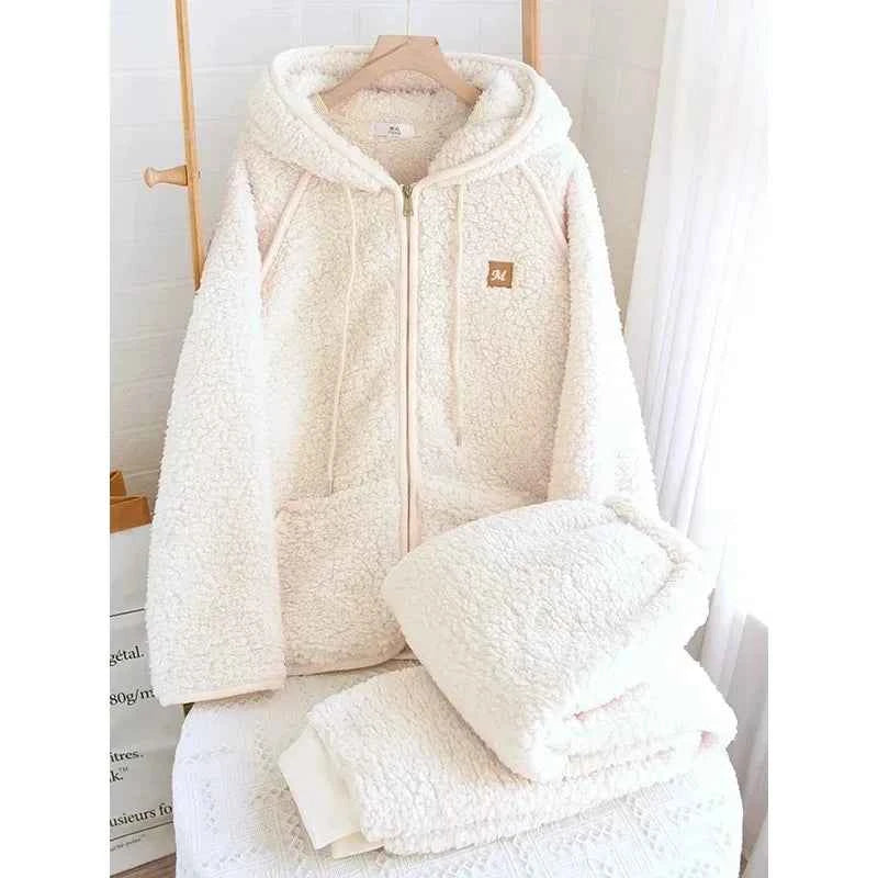 Thick Fluffy New Couple's Pajama Hooded Zipper Sleeping Sleepwear Winter Underwear Set Nightie Warm  Pyjamas Women Loungewear