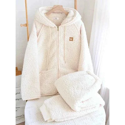Thick Fluffy New Couple's Pajama Hooded Zipper Sleeping Sleepwear Winter Underwear Set Nightie Warm  Pyjamas Women Loungewear