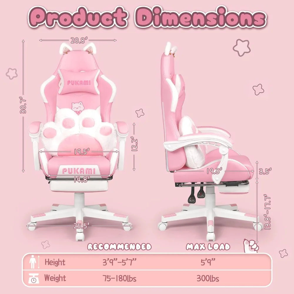 Pink Gaming Chair Cute with Cat Ears and Cat Paw Lumbar Cushion, Ergonomic Computer Chair for Girl with Footrest and Headrest SS69