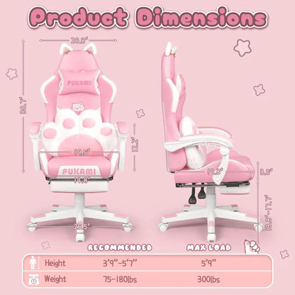 Pink Gaming Chair Cute with Cat Ears and Cat Paw Lumbar Cushion, Ergonomic Computer Chair for Girl with Footrest and Headrest SS69
