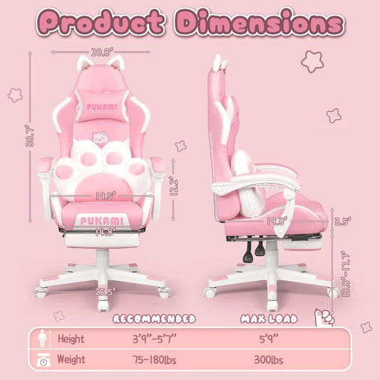 Pink Gaming Chair Cute with Cat Ears and Cat Paw Lumbar Cushion, Ergonomic Computer Chair for Girl with Footrest and Headrest SS69