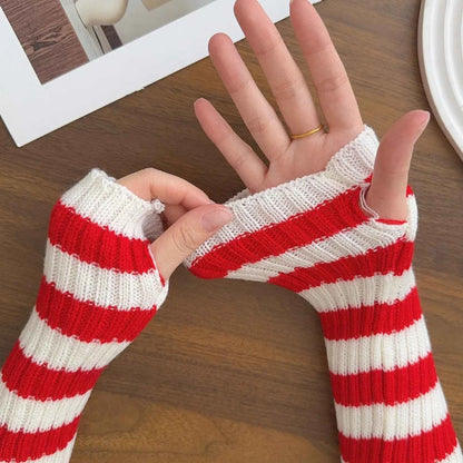 Gothic Striped Knitted Fingerless Arm Sleeves Black White Striped Winter Long Arm Warmers Girls Harajuku Y2K Wrist Gloves