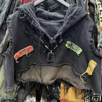 American retro old wash jeans vest women's fashion high-end stitching hole design short sleeveless hooded patch coat jacket. SS69