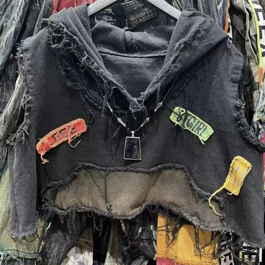 American retro old wash jeans vest women's fashion high-end stitching hole design short sleeveless hooded patch coat jacket. SS69