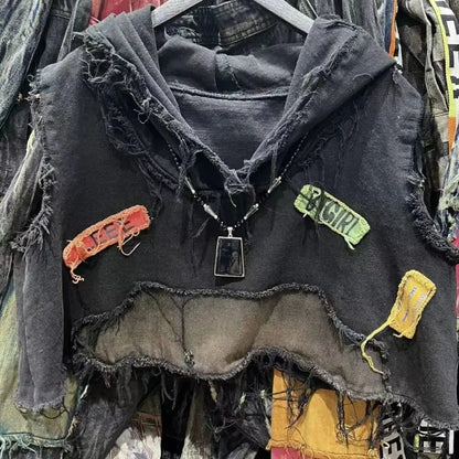 American retro old wash jeans vest women's fashion high-end stitching hole design short sleeveless hooded patch coat jacket. SS69