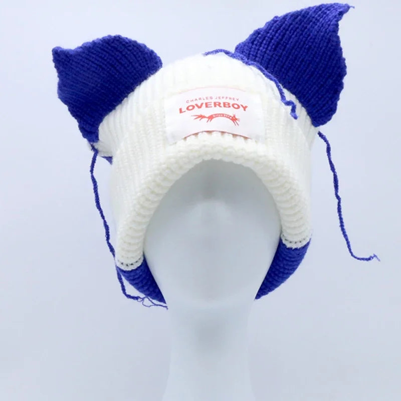 Long fox Ears Knitted Hat Men Women Rabbit Ear Warm Crochet Beanies Kpop Hip Hop Hat Winter Skullies Cap Y2k Christmas Gifty