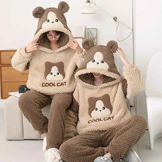 Adult Winter Thicken Sleepwear Pajamas Set Women Coral Fleece Pyjama Cartoon Deer Panda Hooded Homewear Loungewear Pijamas Suit