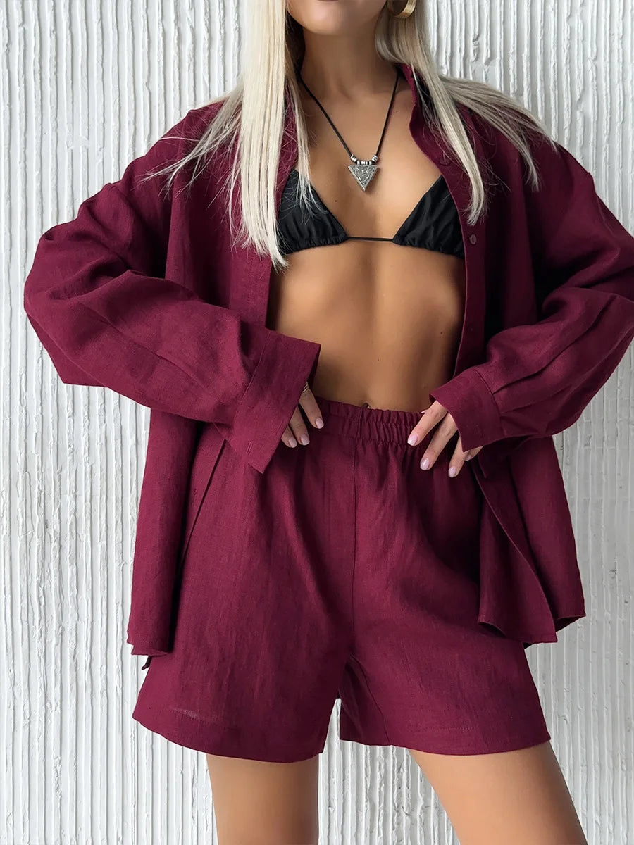 Bornladies Women's Cotton Casual Set Long Sleeve Shirt and Wide Leg Pants