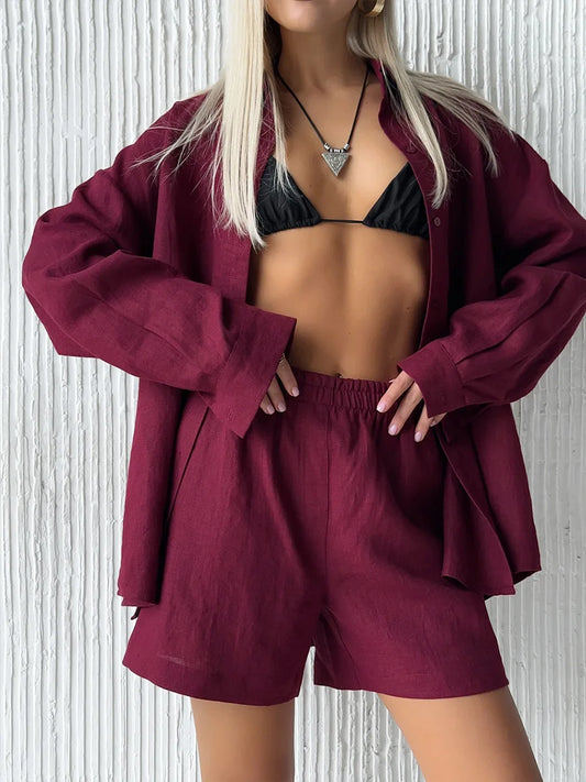 Bornladies Women's Cotton Casual Set Long Sleeve Shirt and Wide Leg Pants