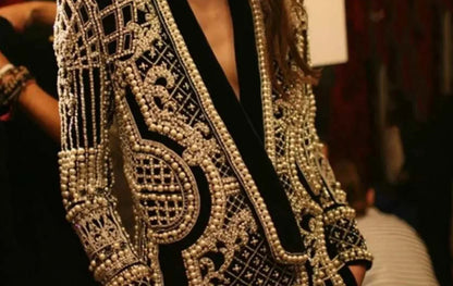 Pearl Embroidery Female Jacket, Full Sleeve Slim Jackets, V Neck, Hidden Button Print Suit, Large Size, Fall Fashion SS69