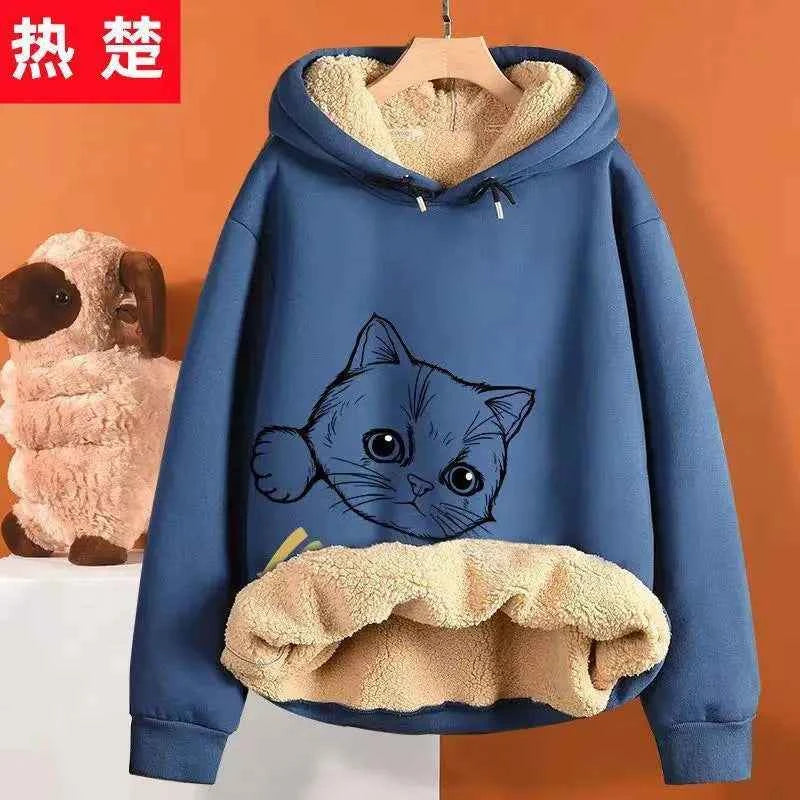 Inner Lining Composite Lamb Fleece Sweatshirt Thick Winter Loose Keep Warm Hoodie Peeking Cartoon Cat Women's Oversized Pullover