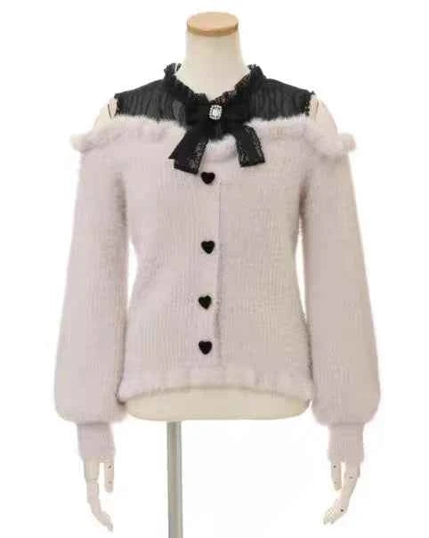 Liz Sweater Japanese Mass Production Autumn and Winter Woolen Off Shoulder Lace Slim Short Sweater Soft Furry Knitted Pullover