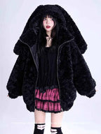 Lautaro Autumn Winter Sweet Cute Lovely Warm Thick Soft Black Faux Fur Coat Women Bunny Ears Fuzzy Fluffy Jacket Hoodie 2023