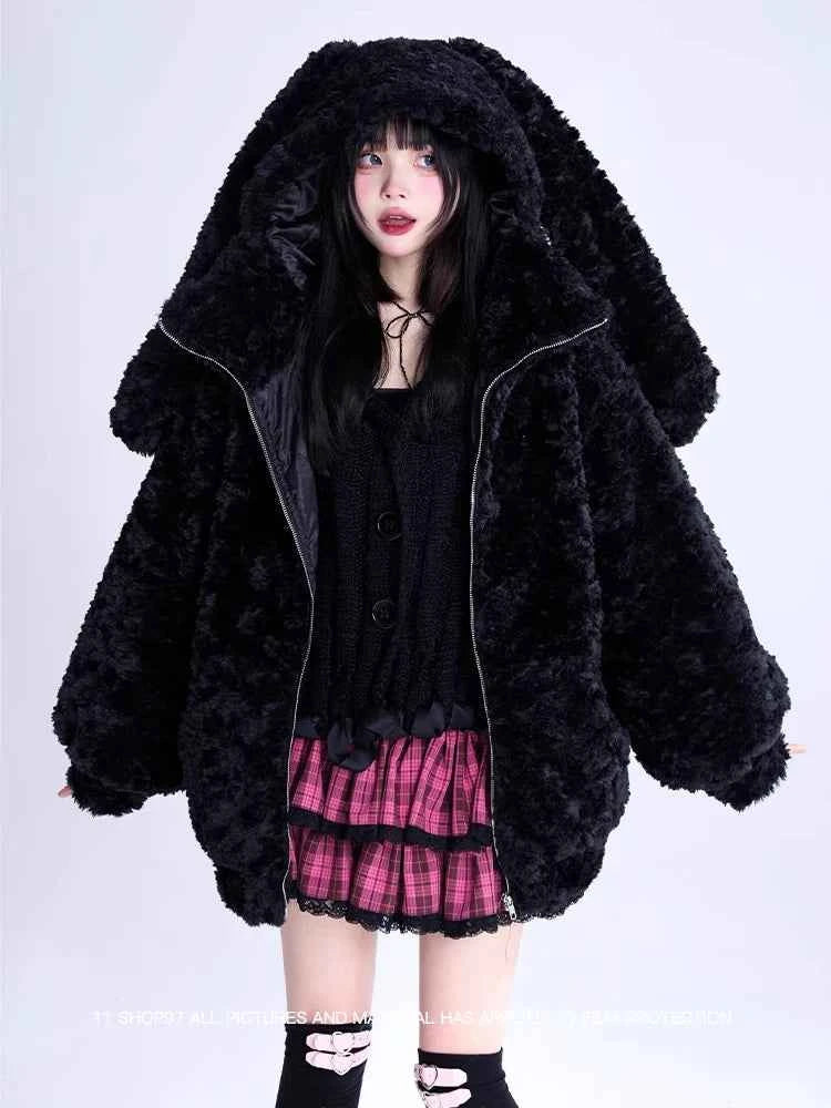 Lautaro Autumn Winter Sweet Cute Lovely Warm Thick Soft Black Faux Fur Coat Women Bunny Ears Fuzzy Fluffy Jacket Hoodie 2023