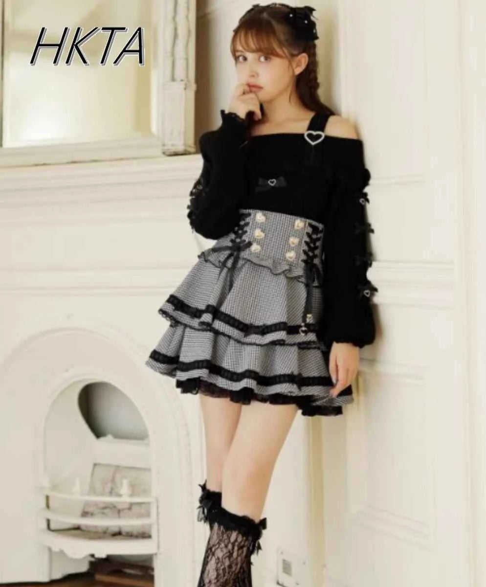 Original Japanese Mines Lolita Strap Skirts Women High Waist and Thin Frilly Pleated Skirt College Style Liz Girl Plaid Skirt