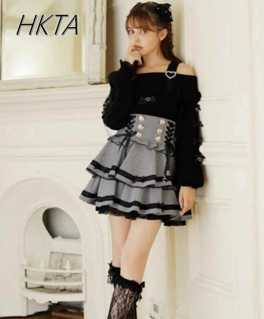 Original Japanese Mines Lolita Strap Skirts Women High Waist and Thin Frilly Pleated Skirt College Style Liz Girl Plaid Skirt