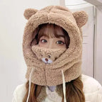Winter Cartoon Hat With Mask Bear Lamb Beanie Hats Warm Thickened Ear Protection Skullies Beanies for Women Girl Kawaii SS69