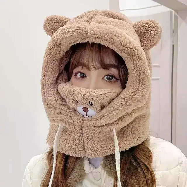 Winter Cartoon Hat With Mask Bear Lamb Beanie Hats Warm Thickened Ear Protection Skullies Beanies for Women Girl Kawaii SS69