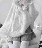 Japanese Mine Lace Splicing Cute Bow Lolita Shawl Jacket Autumn and Winter New Sweet Girl Loose Warm Plush Cape Coat Women