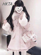 Japanese Sweet Cute Bow Pink Woolen Coat Winter New Versatile Lolita Girls Lace Love Warm Long Overcoat Liz Coat Women Clothes