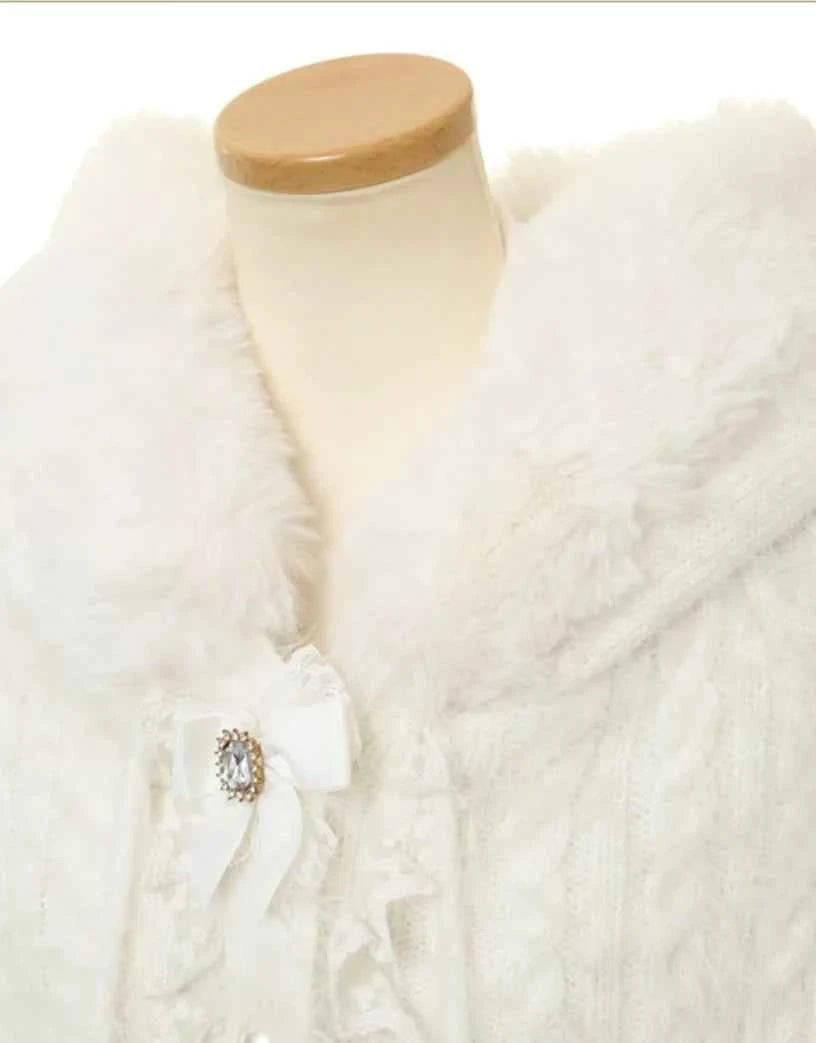 Autumn and Winter Japanese Liz Furry Knitted Cape Coat Sweet Girls Women Mine Series Cute Bow Princess Hooded Kawaii Lolita Coat