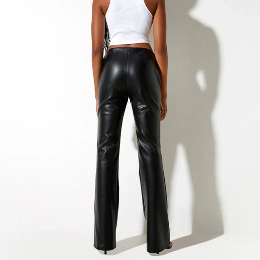 Sexy Low Waist PU Leather Flare Pants Women Vintage Disco Pink Bell-bottom Pants Ladies High Street Black Trousers Clubwear New SS69