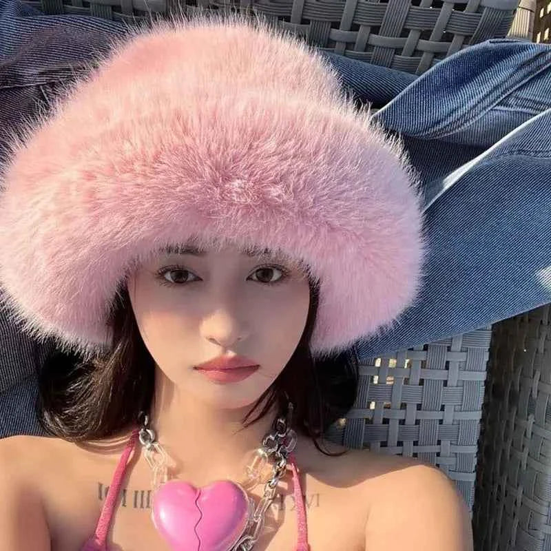 2025 Fluffy Faux Fur Bucket Hats Women Rabbit Fur Warm Thick Plush Winter Hat Lady Fashion Luxury Panama Furry Fisherman Cap Y2k