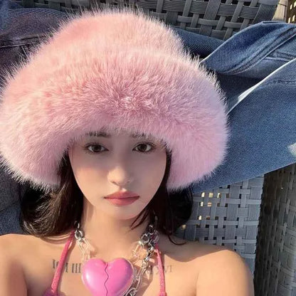 2025 Fluffy Faux Fur Bucket Hats Women Rabbit Fur Warm Thick Plush Winter Hat Lady Fashion Luxury Panama Furry Fisherman Cap Y2k