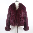 New Women Autumn Winter Knitted Real Rabbit Fur Coat 100% Natural Rabbit Fur Jacket With Fox Fur Collar Overcoat For Female