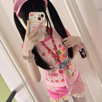 Y2k Aesthetics Cartoon Print Women T-shirt Japanese Kawaii E-girl Contrast Color Cute Strawberry Tees Fairy Grunge Tshirts Tops - SS69
