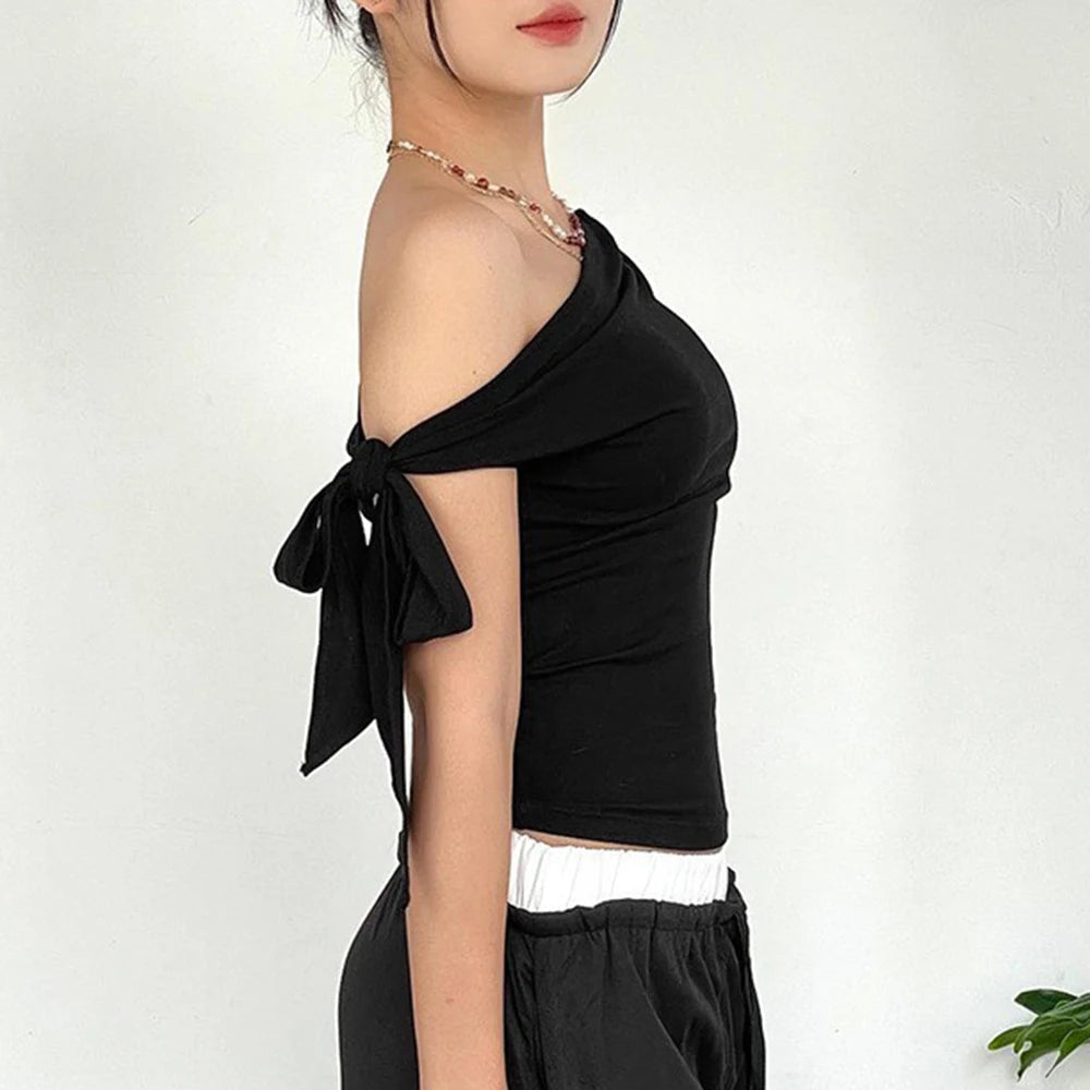 Casual Top Women'S Summer Ins Style New Shrink Pleated One-Shoulder Crop Top Backless Twist Tie Asymmetric T-Shirt SS69
